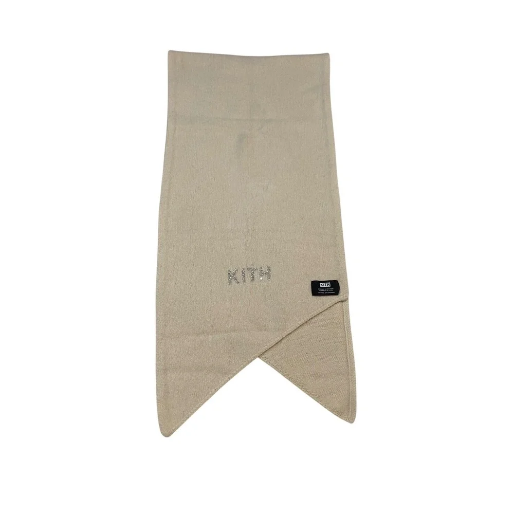 Kith Rhinestone Logo Scarf Cream Wool Cashmere Blend Knit Pointed Hem Unisex